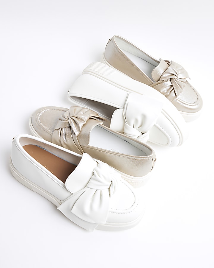 White Faux Leather Slip On Bow Trainers