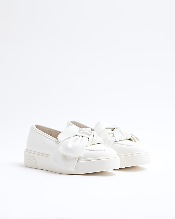 White Faux Leather Slip On Bow Trainers