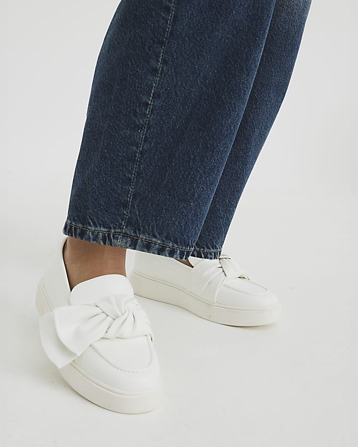 White Faux Leather Slip On Bow Trainers