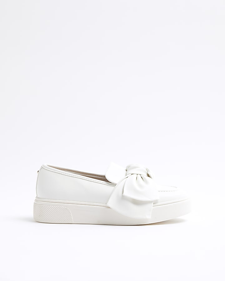 White Faux Leather Slip On Bow Trainers