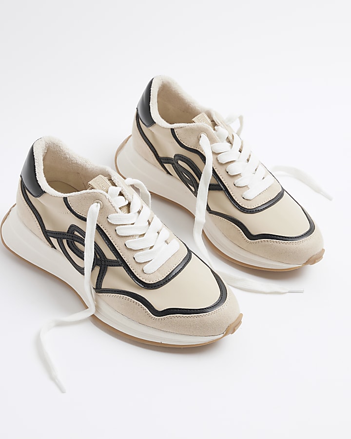 Beige Lace Up Runner Trainers