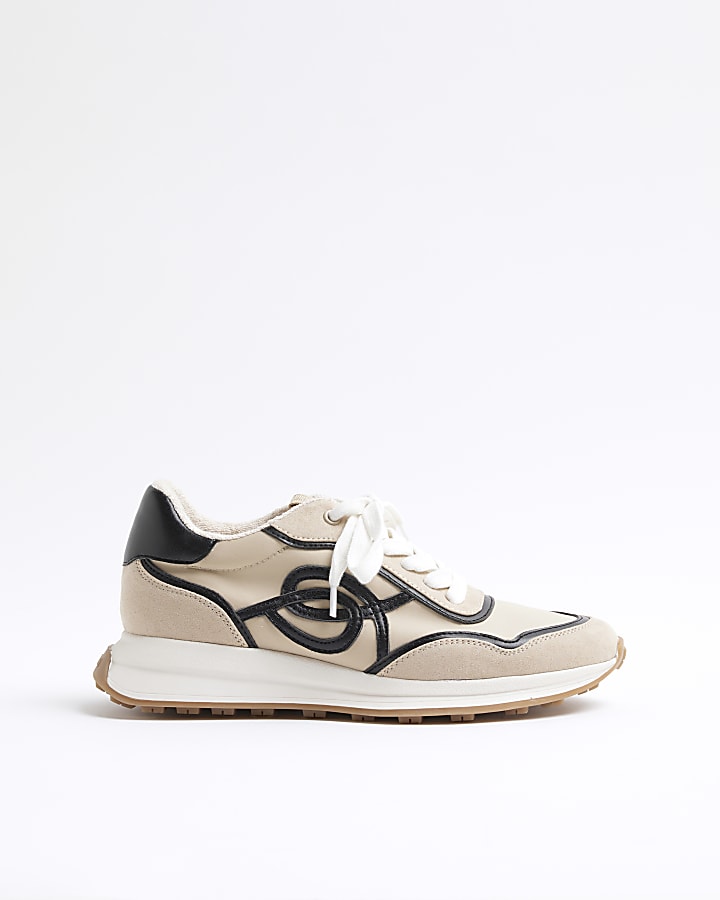 Beige Lace Up Runner Trainers