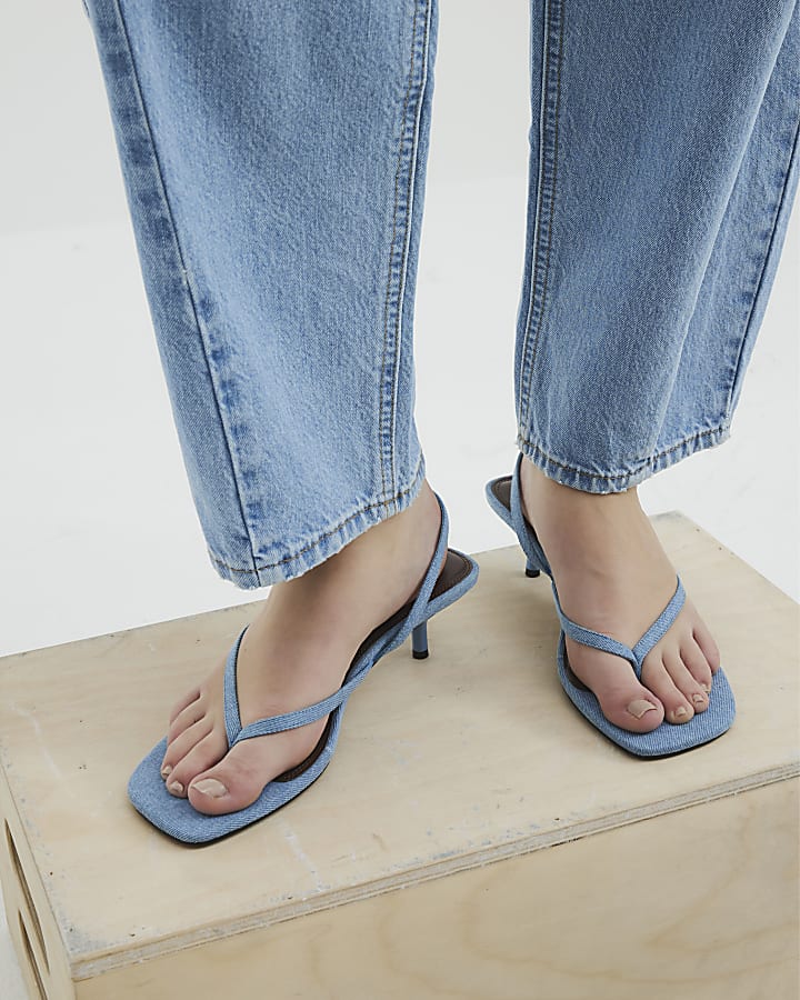 Blue Denim Toe Thong Heeled Sandals