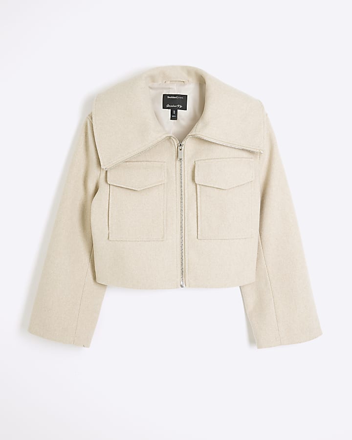 Beige Wide Collar Crop Jacket