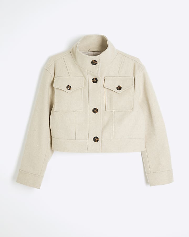 Beige Funnel Neck Crop Jacket