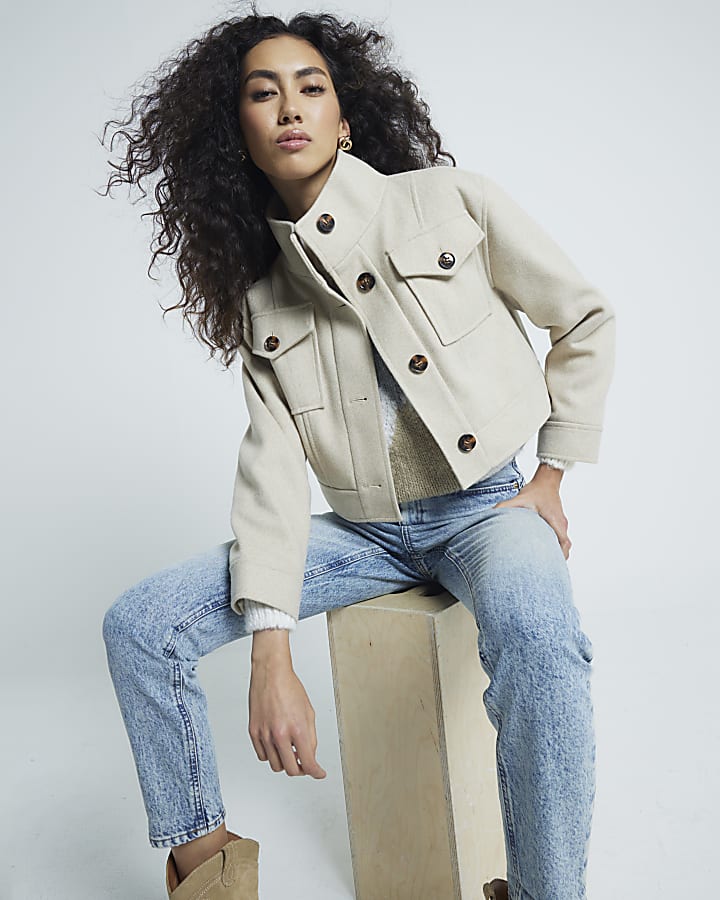 Beige Funnel Neck Crop Jacket