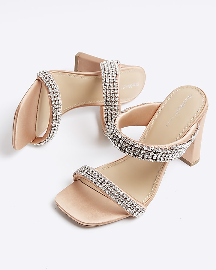 Pink Satin Diamante Strap Heeled Sandals