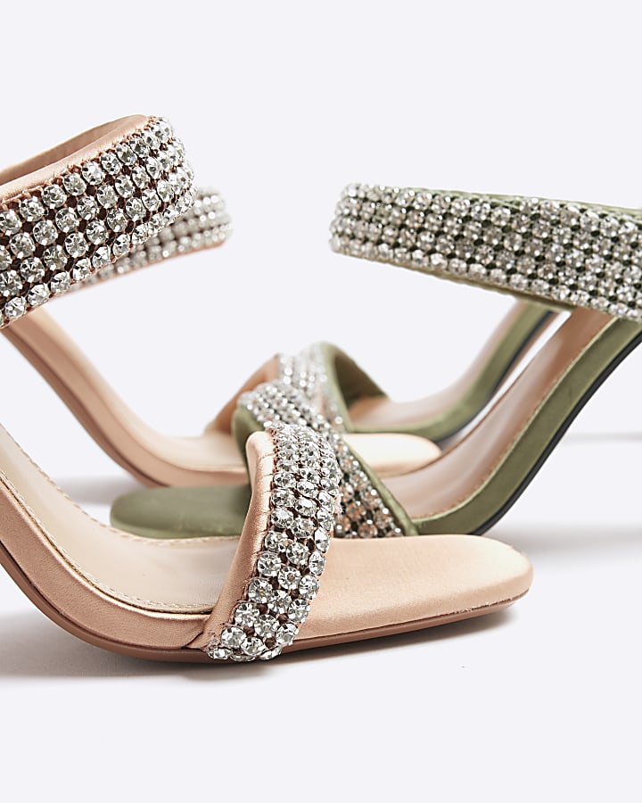 Pink Satin Diamante Strap Heeled Sandals