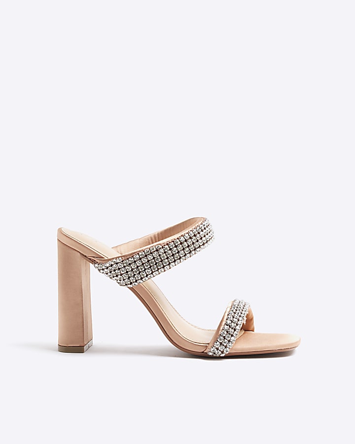 Pink Satin Diamante Strap Heeled Sandals