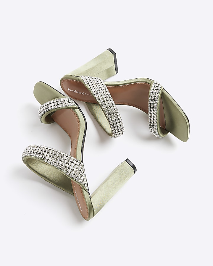 Green Satin Diamante Strap Heeled Sandals