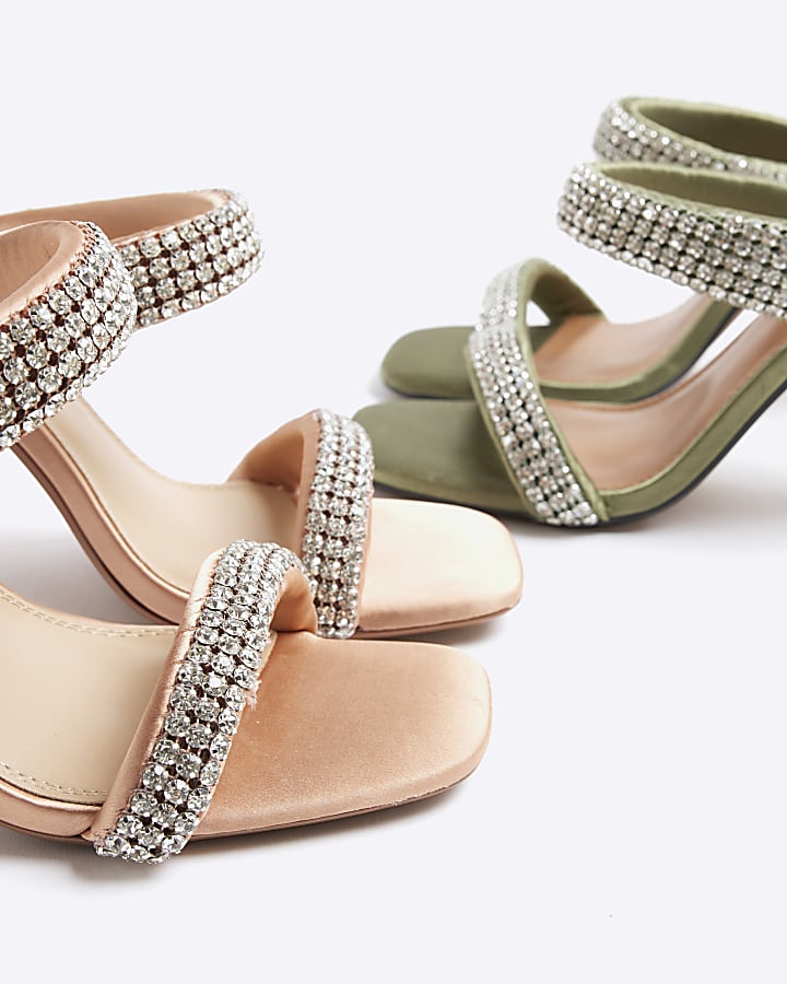 Green Satin Diamante Strap Heeled Sandals