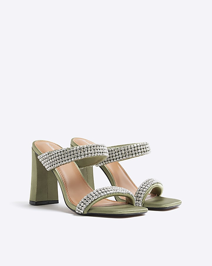 Green Satin Diamante Strap Heeled Sandals