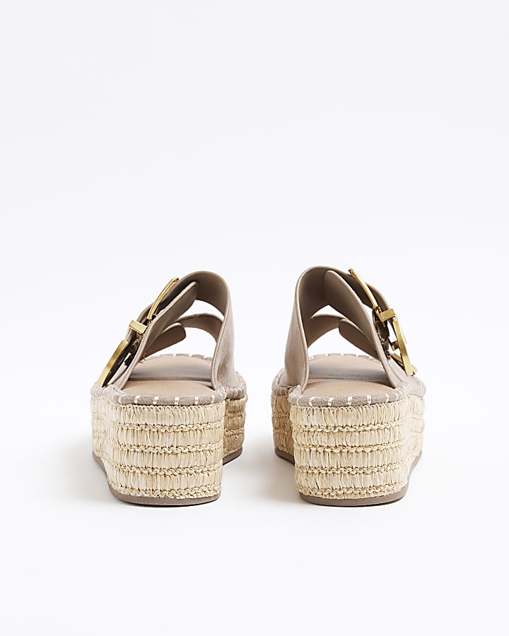 Beige Buckle Platform Wedges