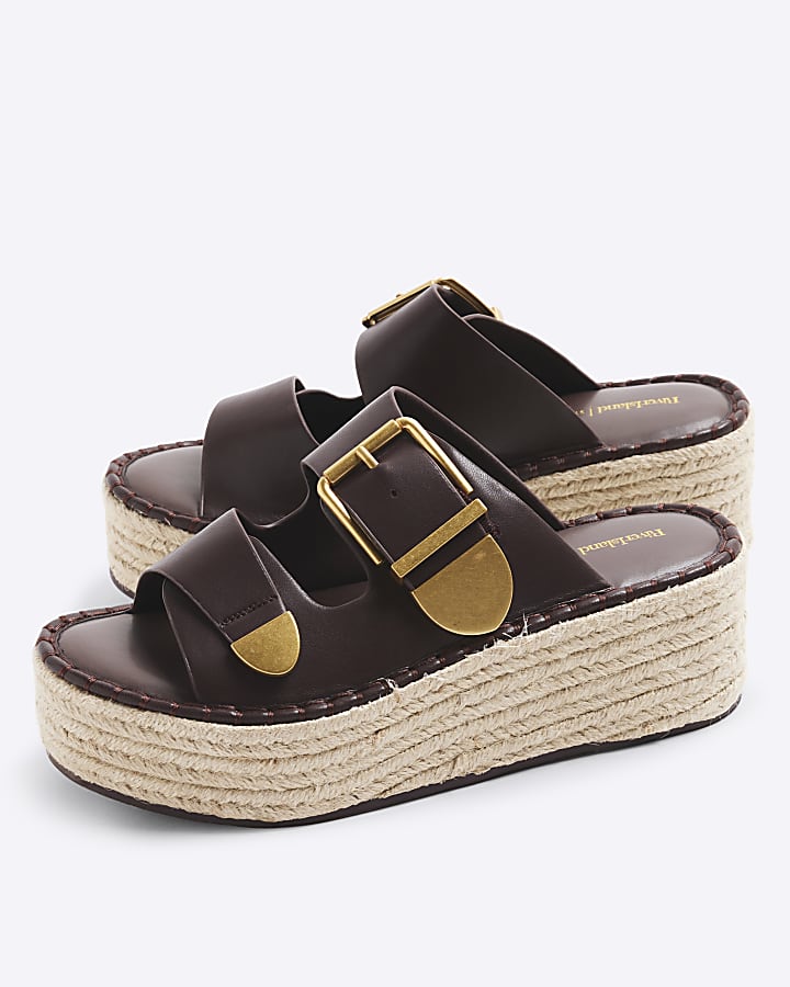 Brown Wedge Buckle Sandals