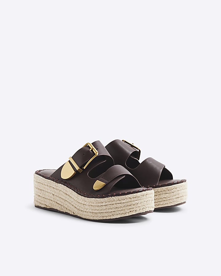 Brown Wedge Buckle Sandals