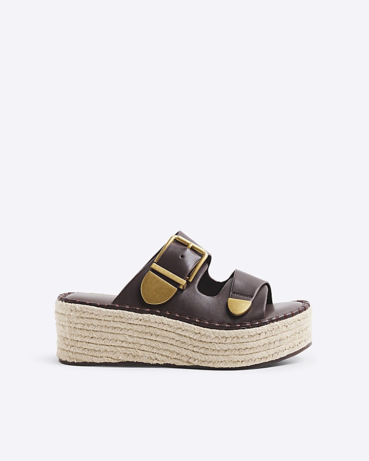 Brown Wedge Buckle Sandals