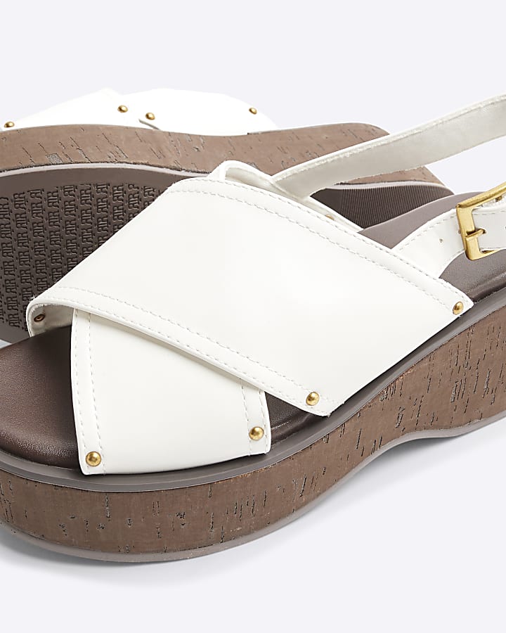 White Cross Strap Sling Back Wedge Sandals