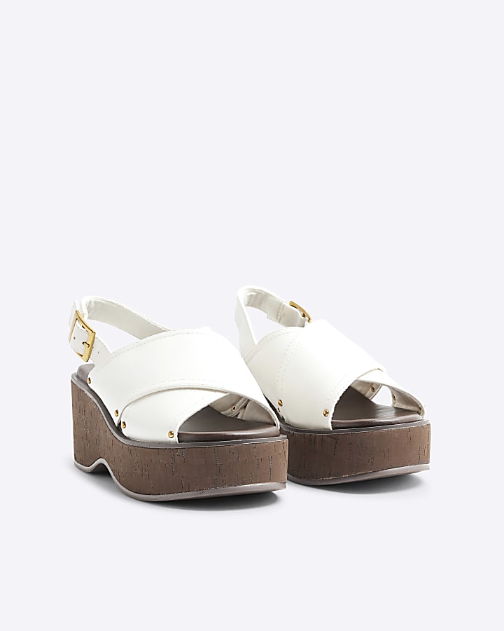 White Cross Strap Sling Back Wedge Sandals