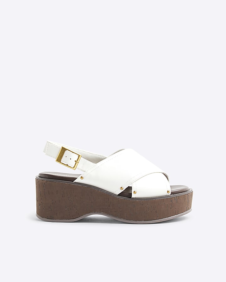 White Cross Strap Sling Back Wedge Sandals