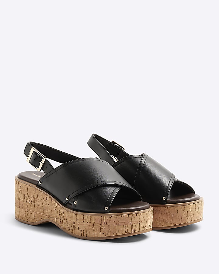 Black Cross Strap Sling Back Wedge Sandals