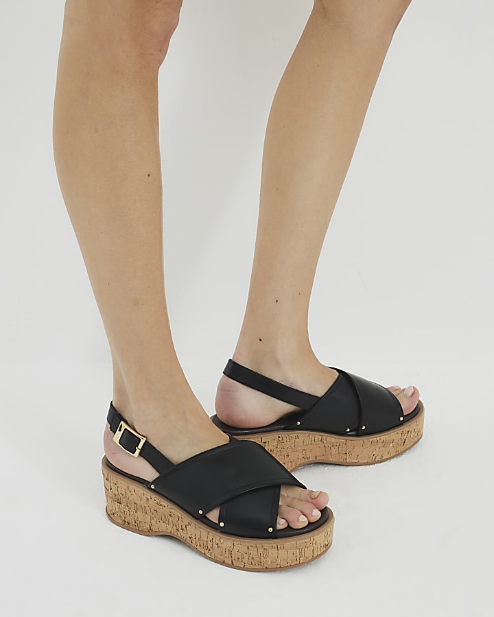 Black Cross Strap Sling Back Wedge Sandals