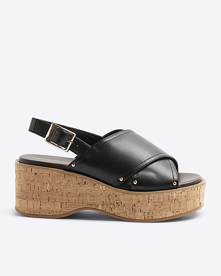 Black Cross Strap Sling Back Wedge Sandals