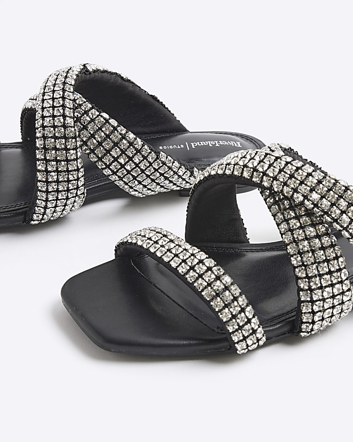 Black Embellished Twist Strap Flat Sandals