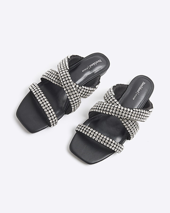 Black Embellished Twist Strap Flat Sandals