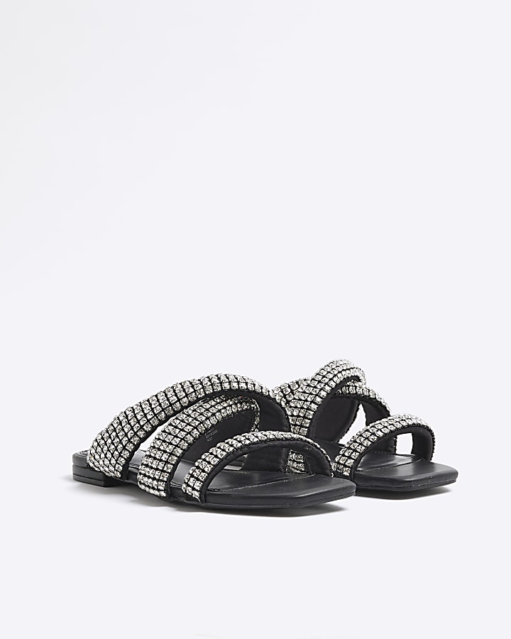 Black Embellished Twist Strap Flat Sandals