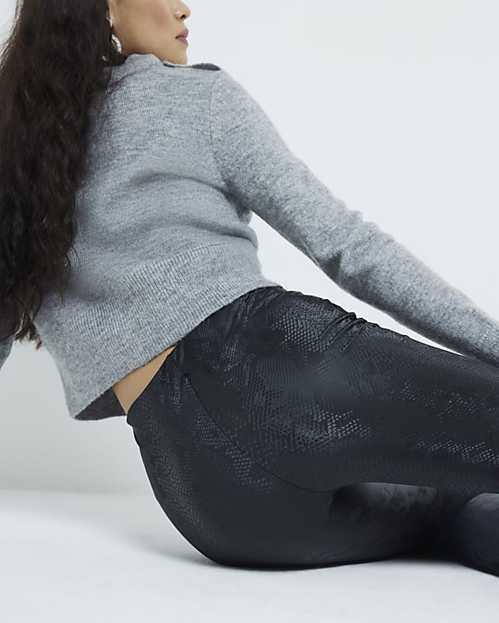 Black High Waisted Snake Coated Leggings