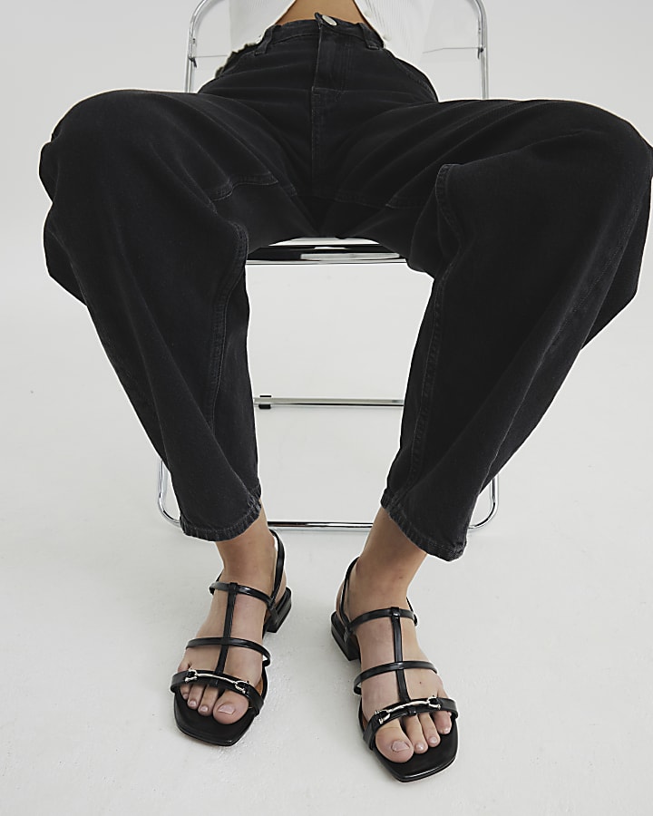 Black Faux Leather Snaffle Strappy Sandals