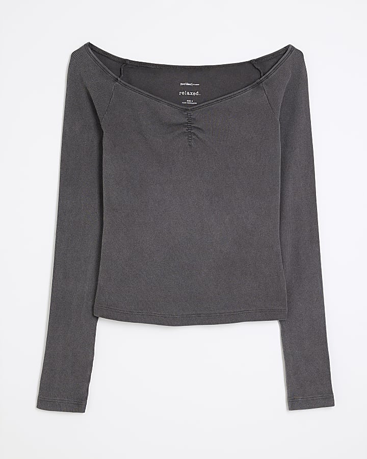 Grey Long Sleeve Sweetheart Top