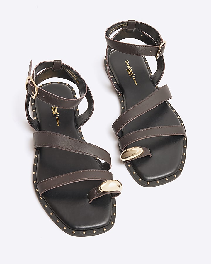 Brown Studded Toe Clip Leather Sandals