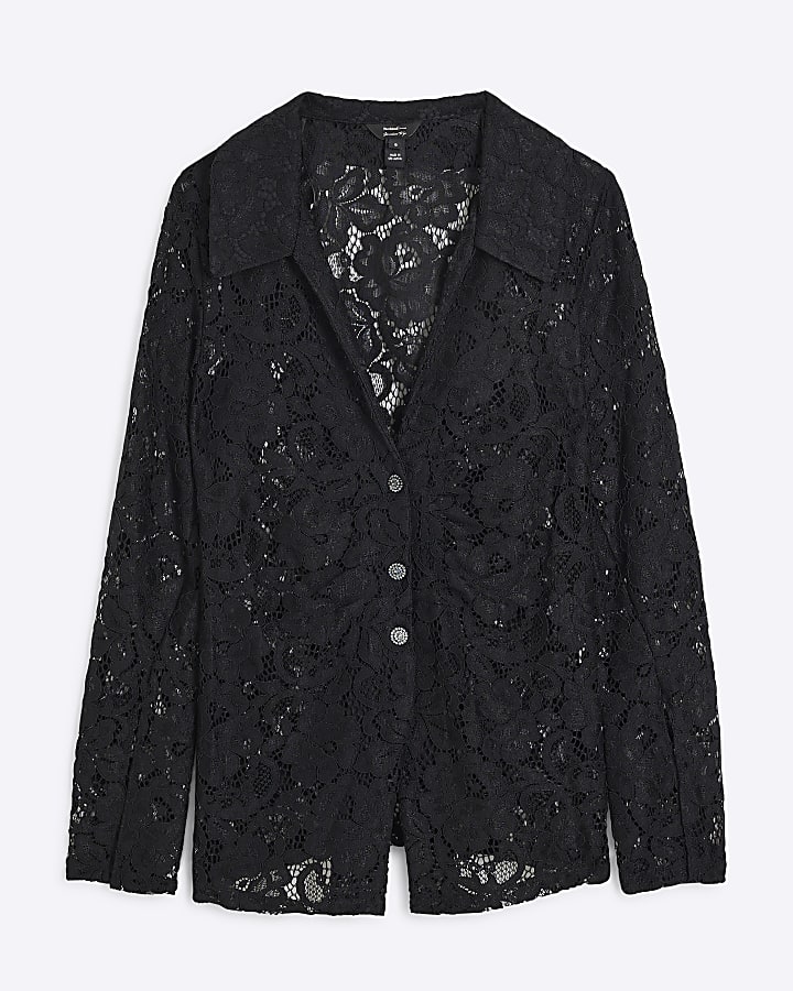 Petite Black Long Sleeve Lace Shirt