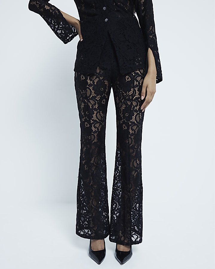 Petite Black Lace Flare Trousers