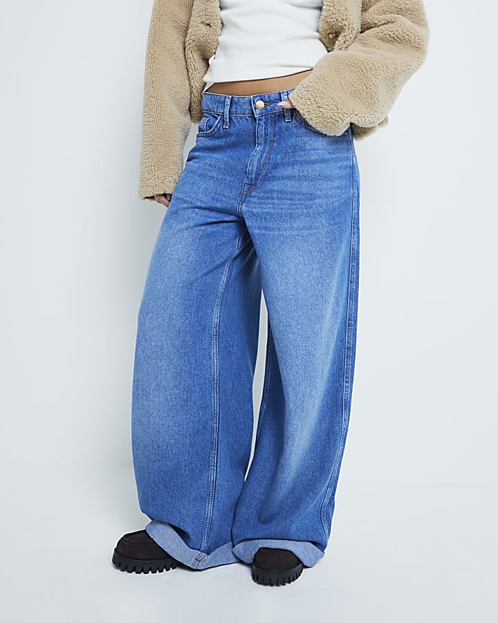 Petite Blue Denim Super Wide Leg Jeans