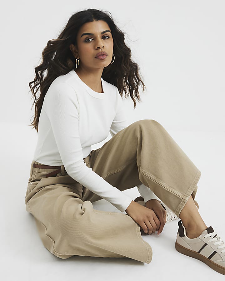 Petite Beige Tailored Baggy Jeans
