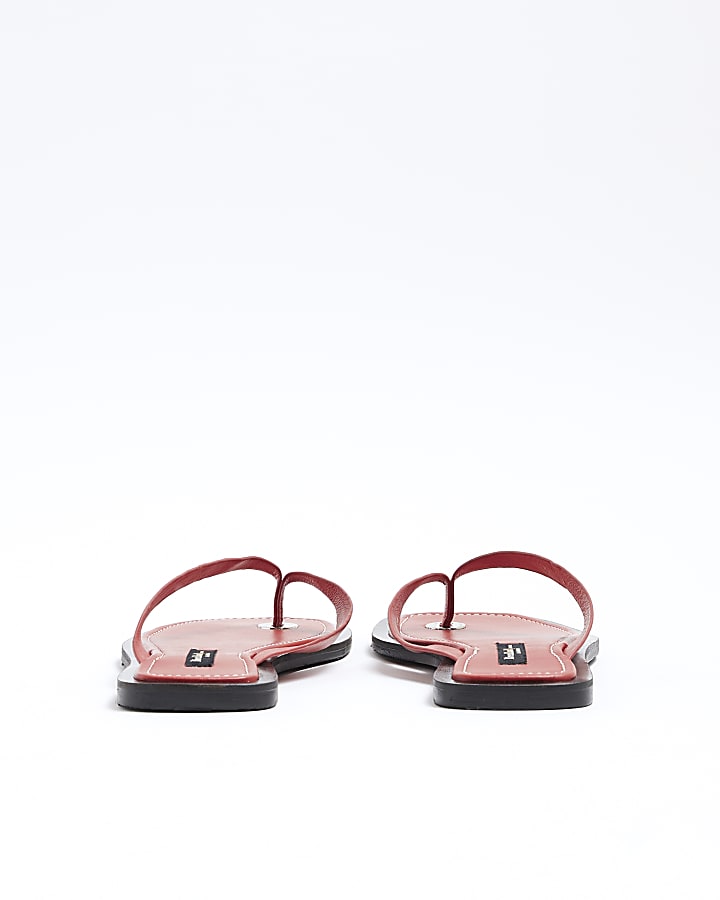 Red Leather Flip Flop Flat Sandals