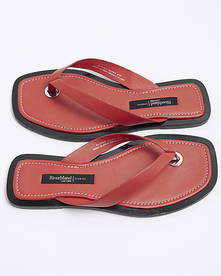 Red Leather Flip Flop Flat Sandals