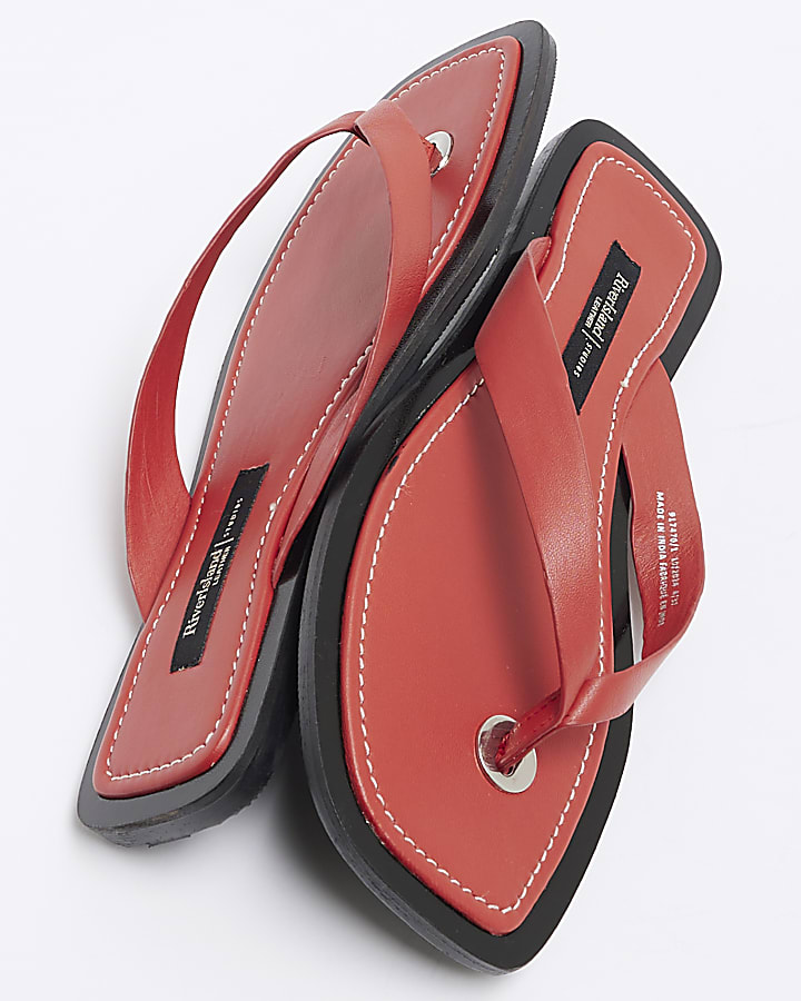 Red Leather Flip Flop Flat Sandals