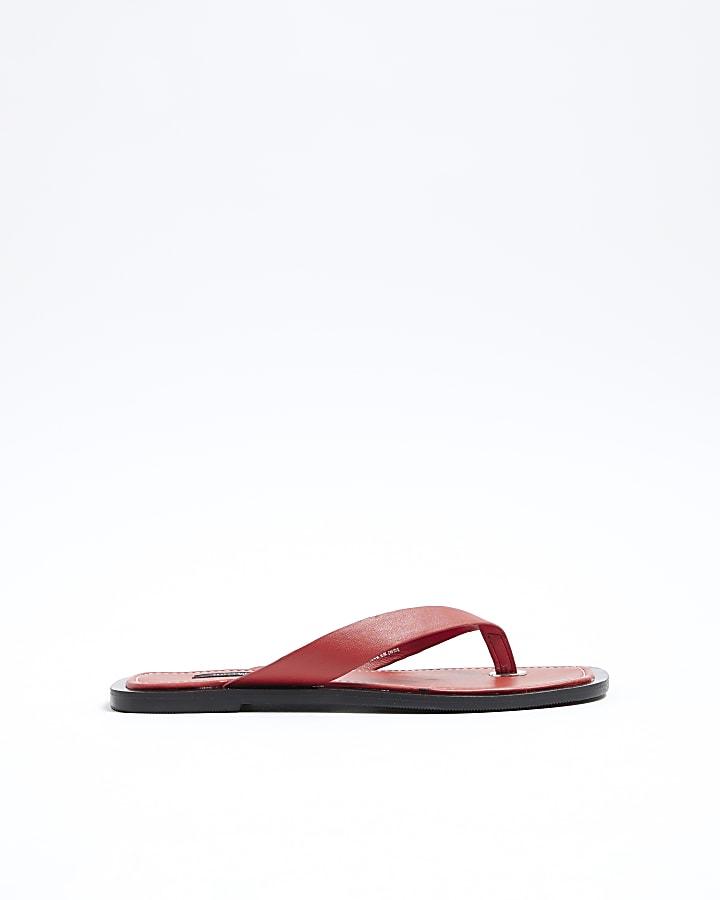 Red Leather Flip Flop Flat Sandals