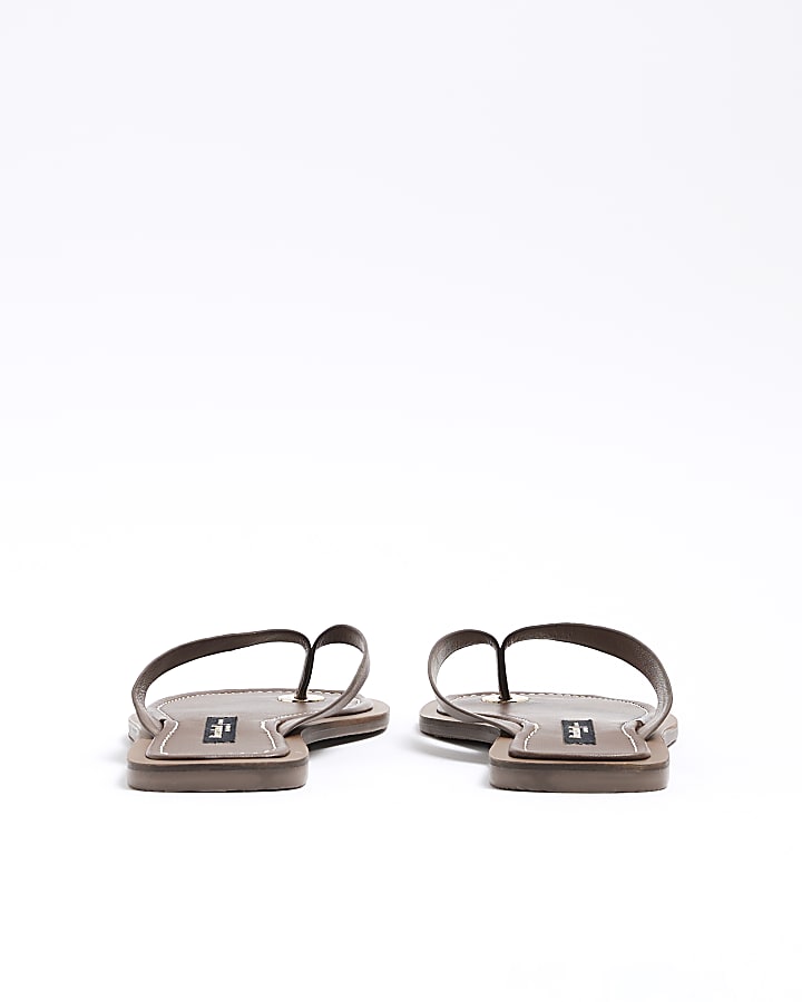 Brown Leather Flip Flop Flat Sandals