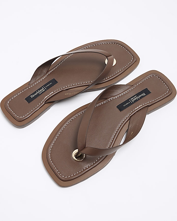 Brown Leather Flip Flop Flat Sandals