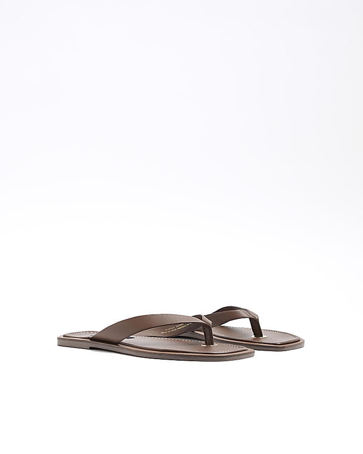 Brown Leather Flip Flop Flat Sandals