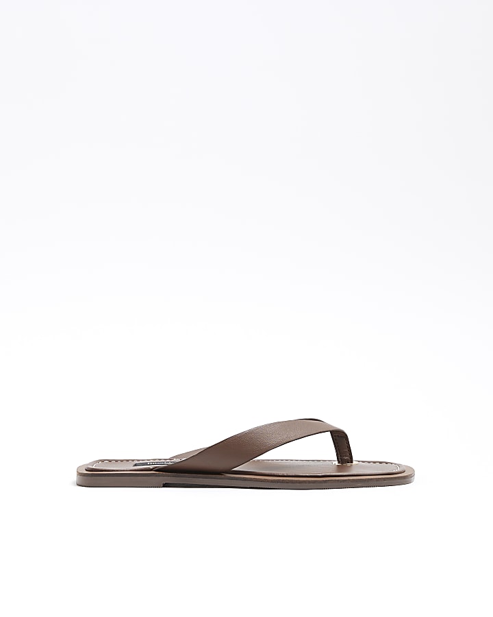 Brown Leather Flip Flop Flat Sandals