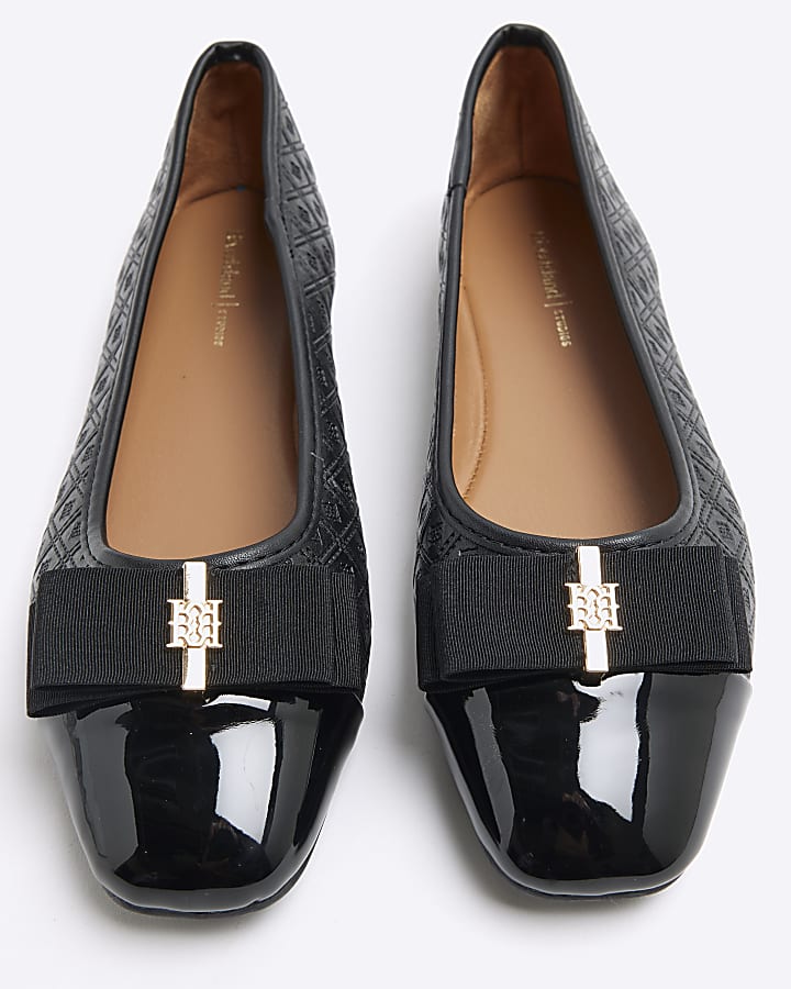 Black Monogram Bow Toe Cap Ballet Pumps