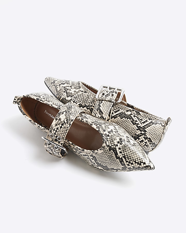 Grey Snake Print Pointed Mary Jane Shoes