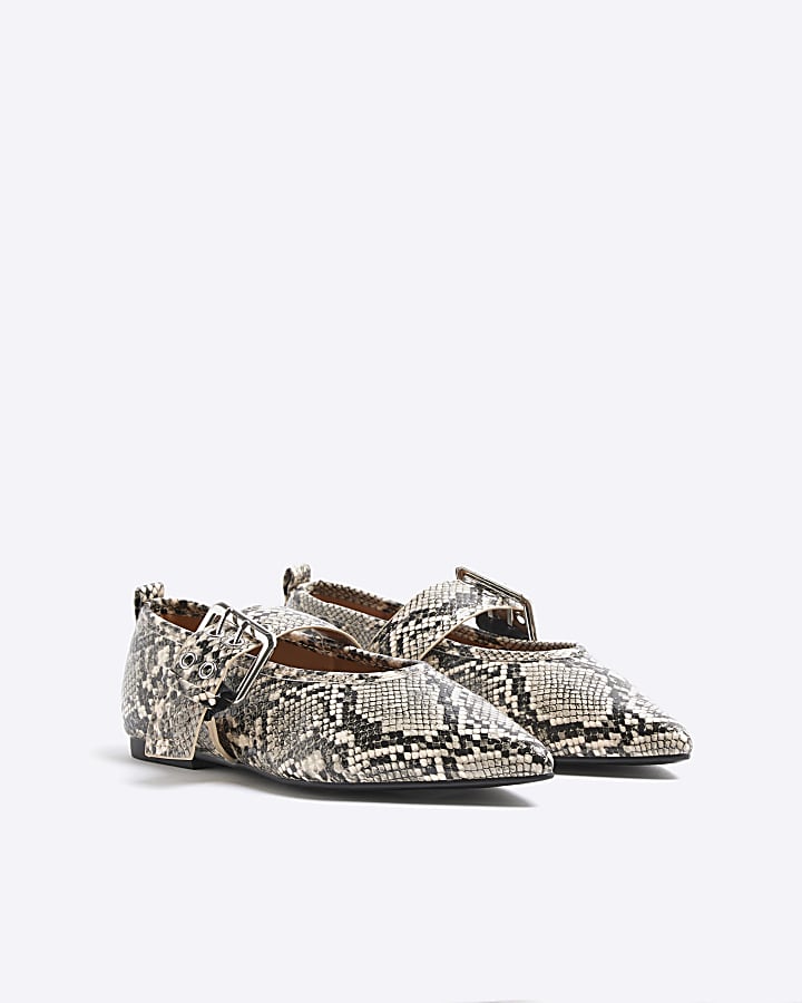 Grey Snake Print Pointed Mary Jane Shoes