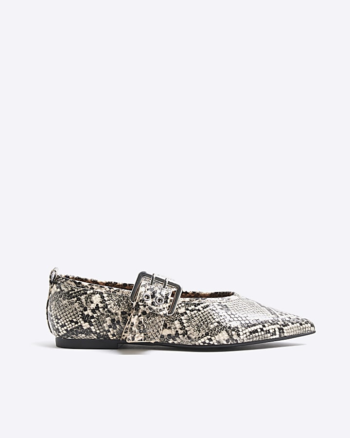 Grey Snake Print Pointed Mary Jane Shoes