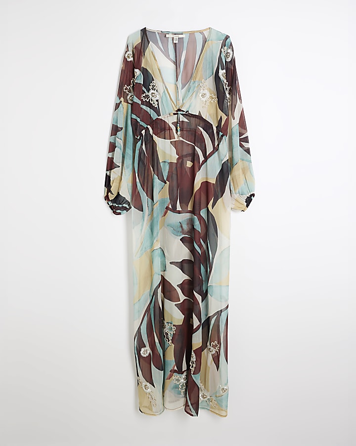 Blue Long Sleeve Leaf Kaftan